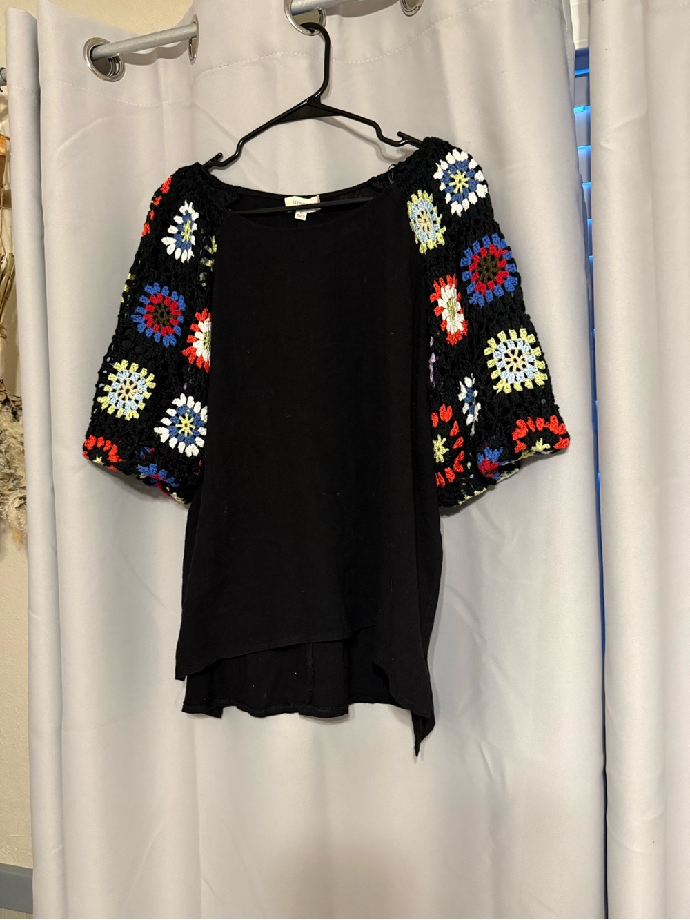 Umgee Black Top with Multicolor Crochet Puff Sleeves